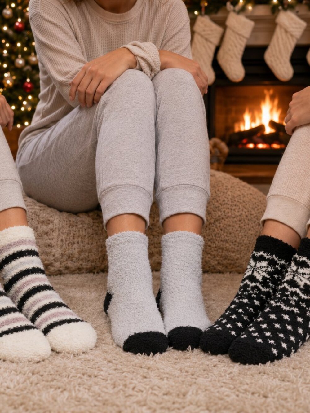NWT - Cuddl Duds Plushfill Lounge Socks - 3 Pl - Snowflakes and Stripes